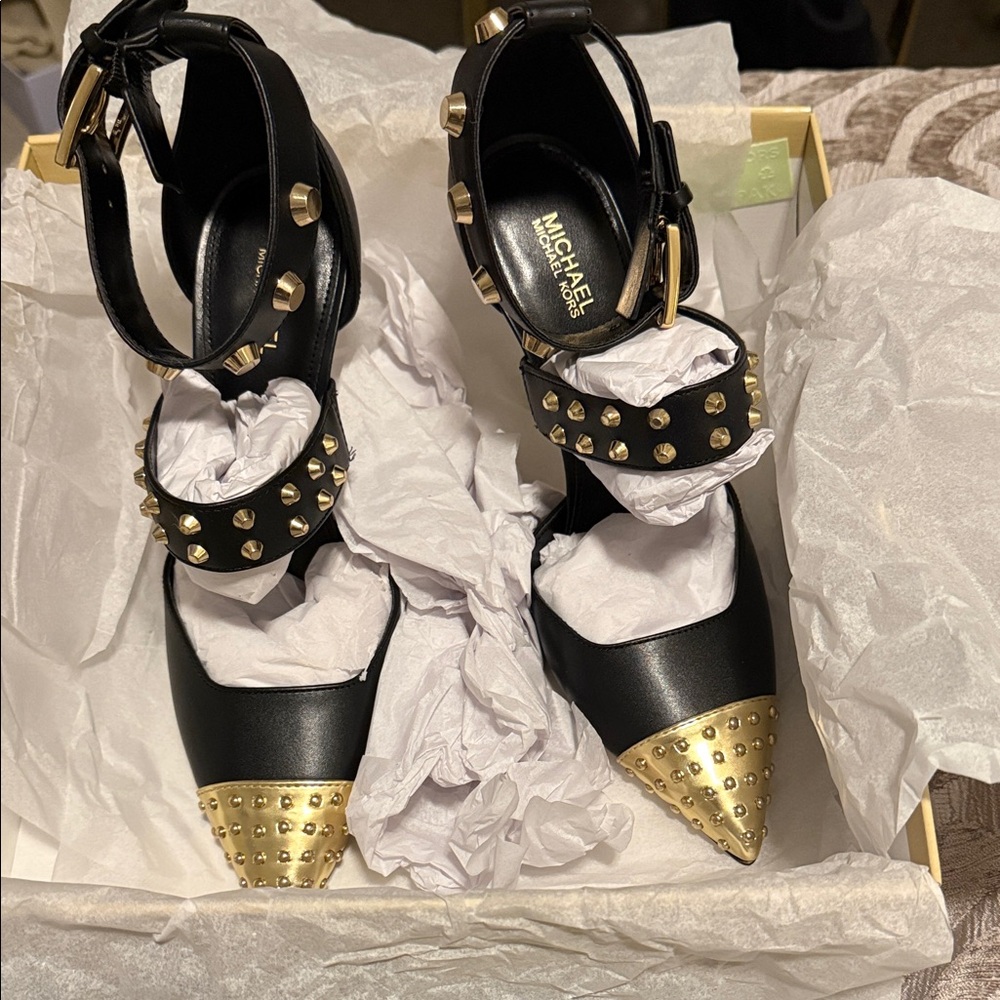 Michael Kors Black and Gold Studded Heels